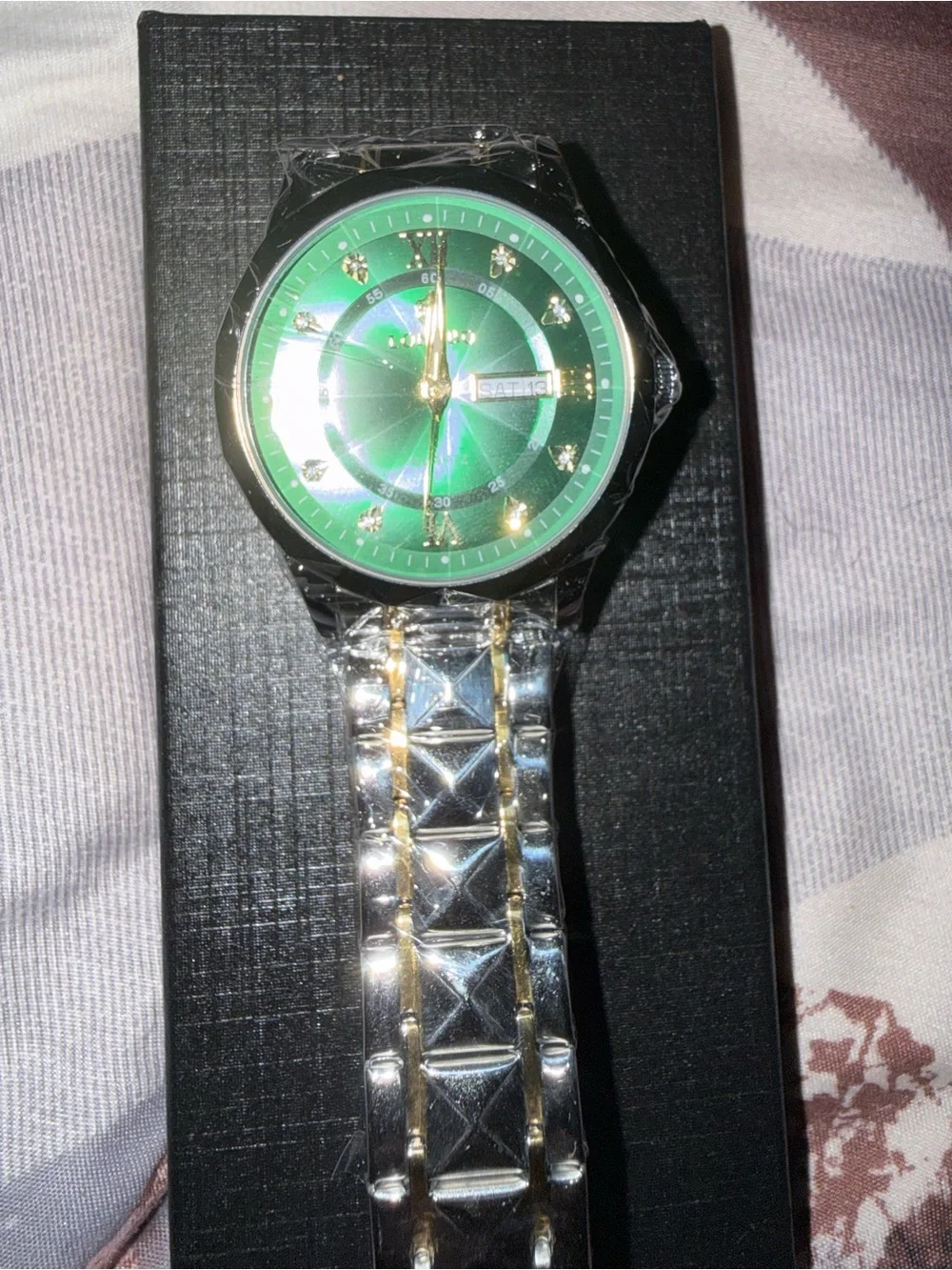Men's Green Dial Silver-Tone Bracelet Watch with Gold Accents